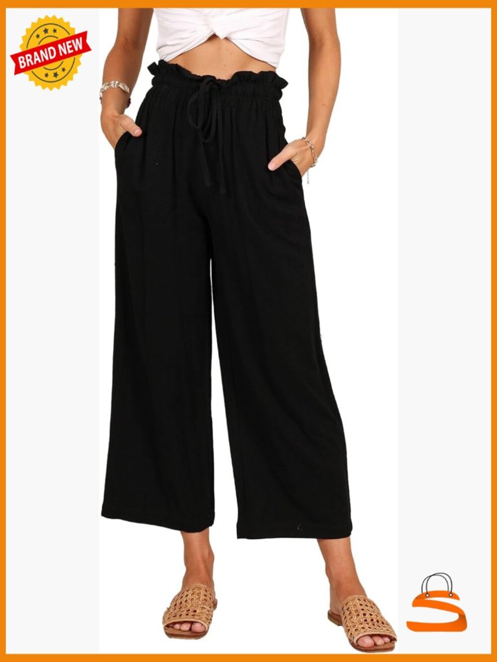High Waisted Wide Leg Linen Blend Casual Pants with Pockets